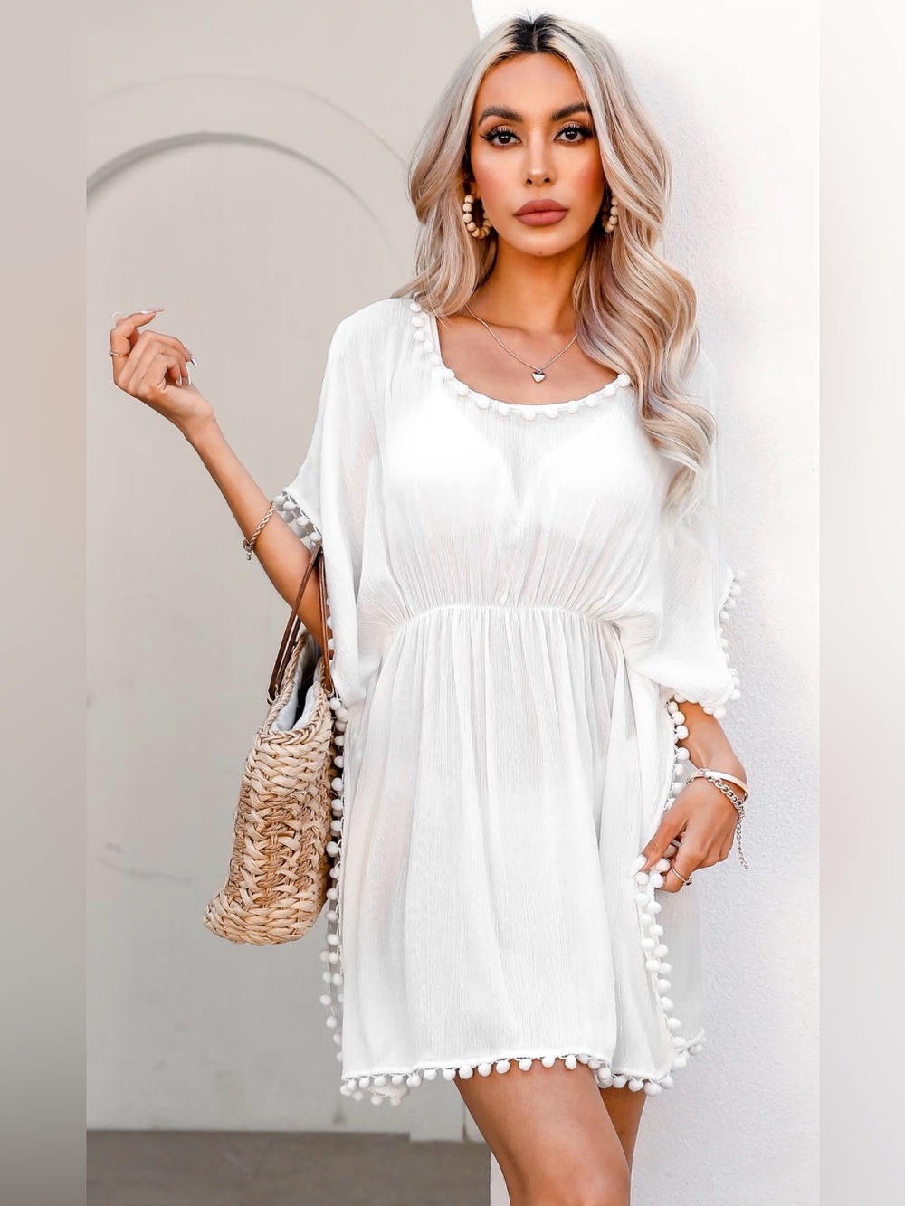 Cupshe Women’s Pom-Pom Trim Swim Cover Up M White Gauze Tunic Resort Coastal